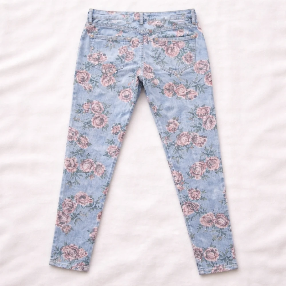 Vintage America Floral Skinny Jeans Rose Print Denim Women 10 Cottagecore Spring - Picture 4 of 11
